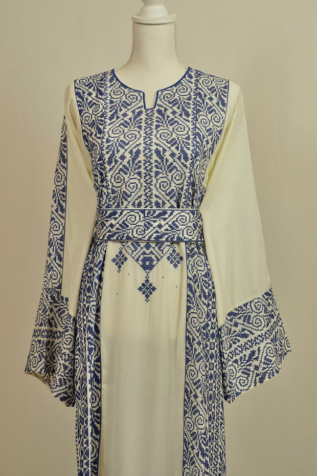 Blue and White Palestinian Tatreez Henna Dress