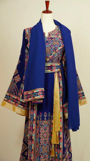 Royal Blue Thobe Dress with Tatreez and Matching Hijab