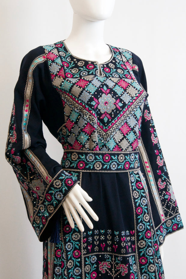 Pink Palestinian Tatreez Navy Blue Dress