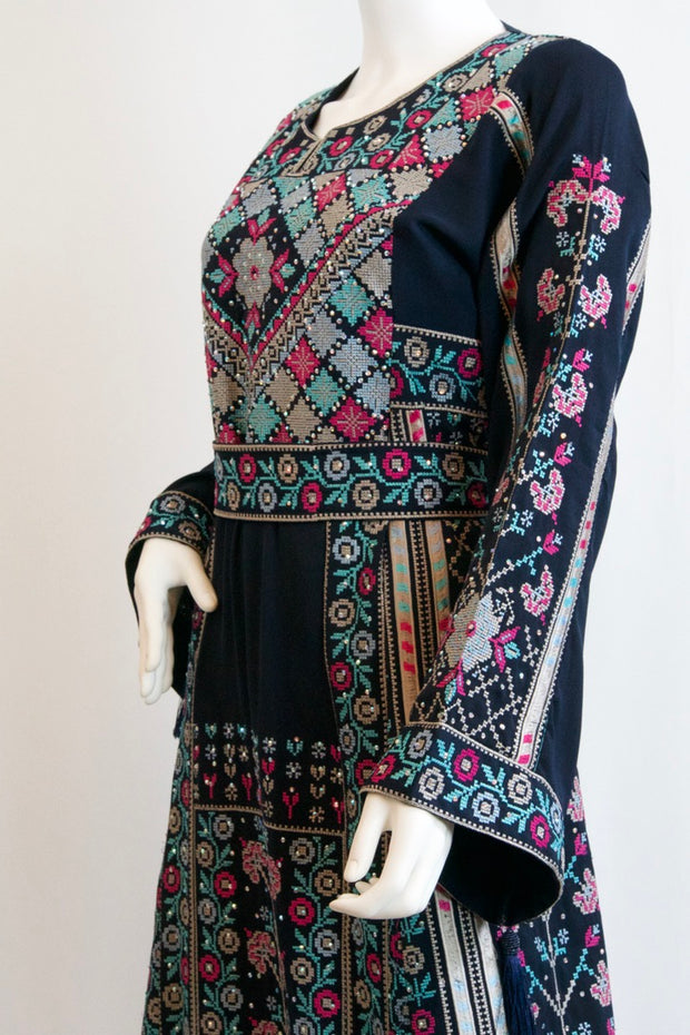 Pink Palestinian Tatreez Navy Blue Dress