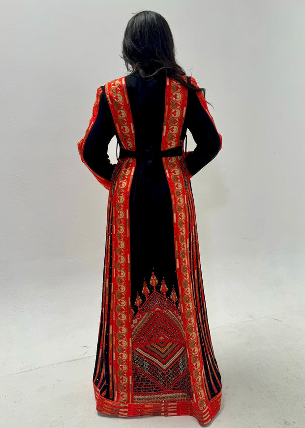 Palestinian Orange Black Tatreez Dress + Hijab Set