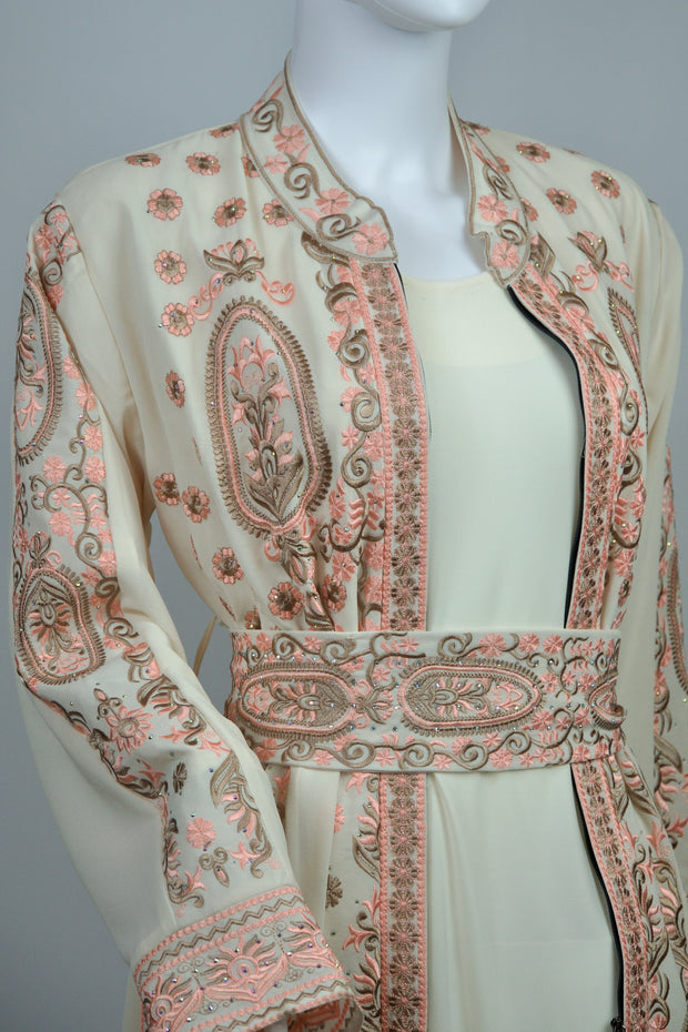 Pink Embroidery and Biege Kaftan Zippered Abaya and Dress