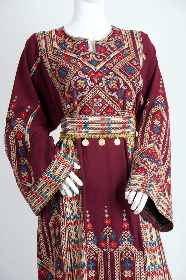 Gold Coins Burgundy Red Henna Dress