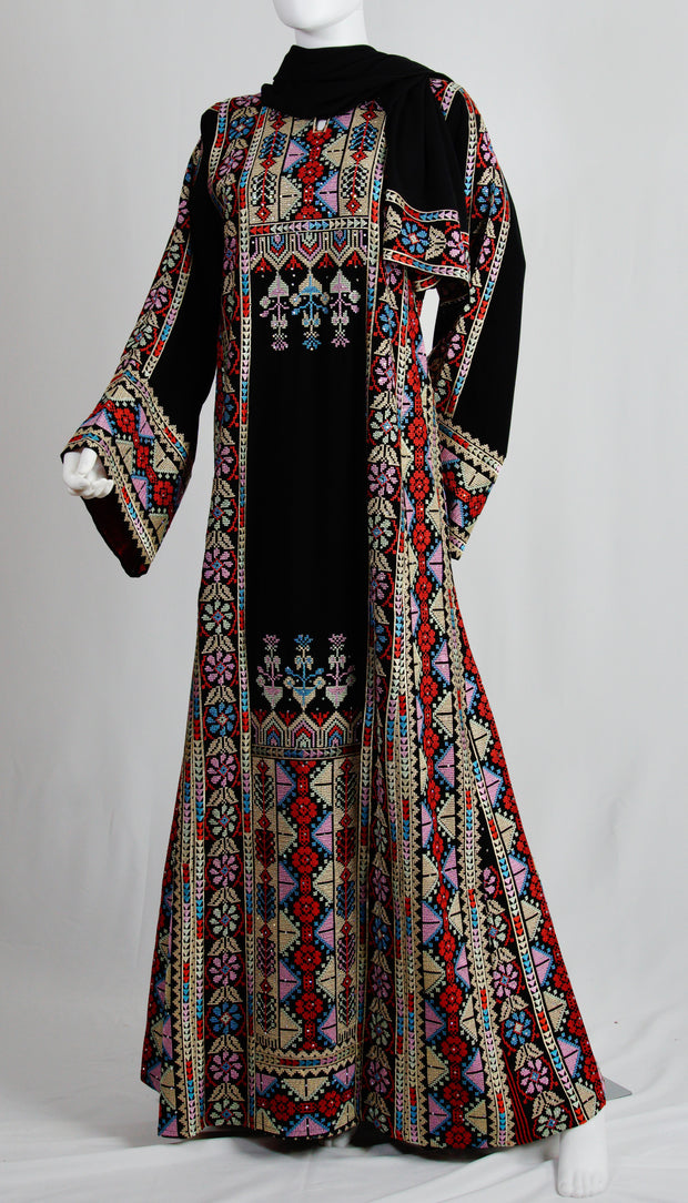 Black Thobe with Matching Tatreez Embroidered Hijab