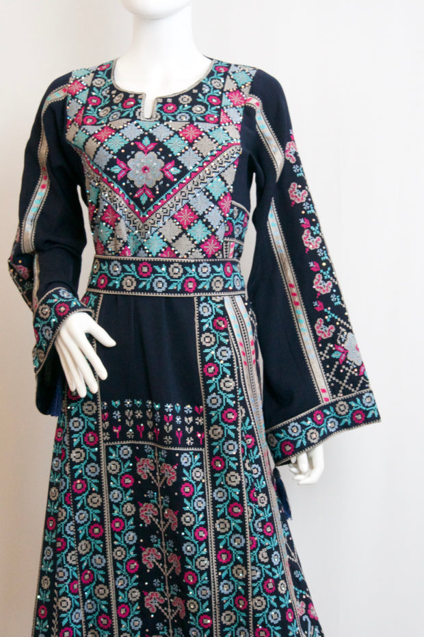 Pink Palestinian Tatreez Navy Blue Dress