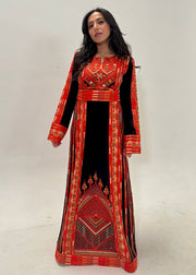 Palestinian Orange Black Tatreez Dress + Hijab Set