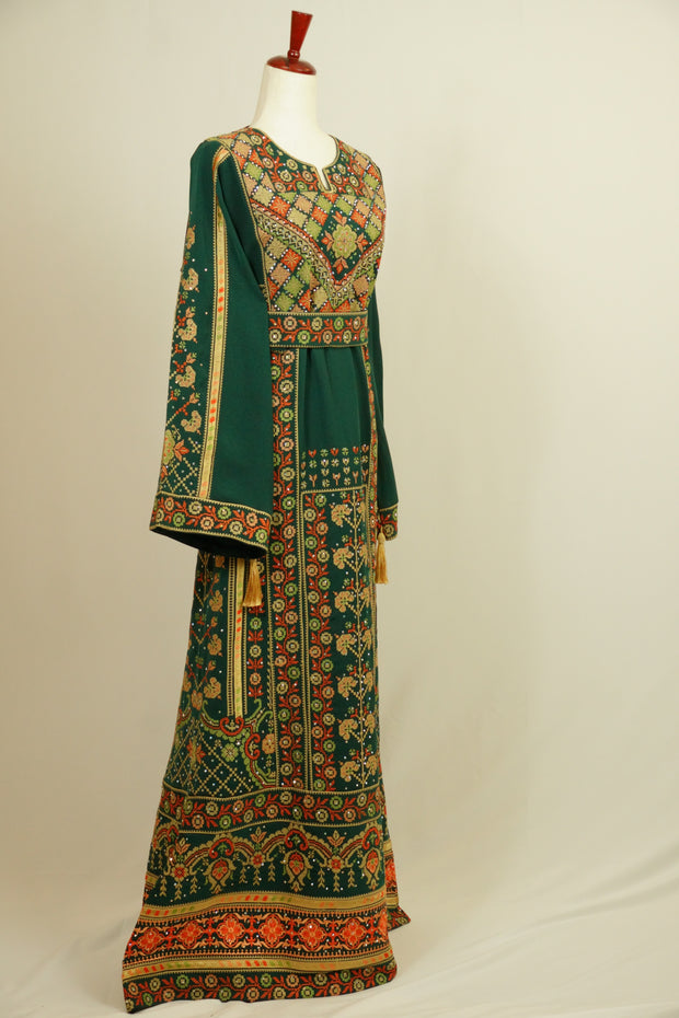 Green Palestinian Tatreez Embroidered Dress