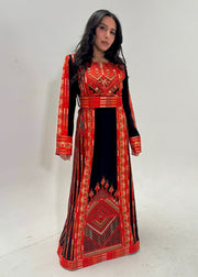 Palestinian Orange Black Tatreez Dress + Hijab Set