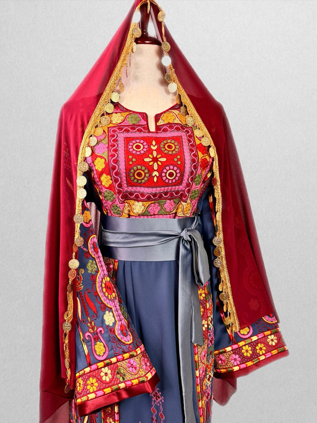 Red and Blue Henna Dress with Matching Gold Coins Hijab