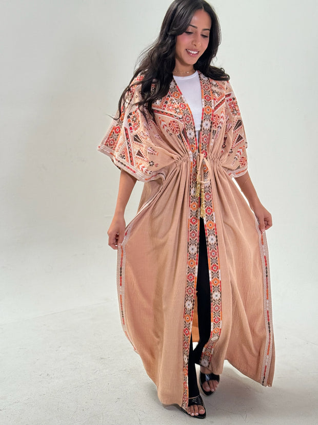 Biege Linen Abaya with Palestinian Tatreez Embroidery