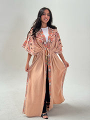 Biege Linen Abaya with Palestinian Tatreez Embroidery