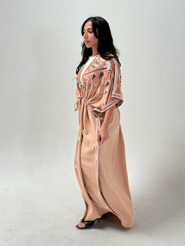 Biege Linen Abaya with Palestinian Tatreez Embroidery