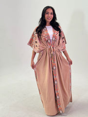 Biege Linen Abaya with Palestinian Tatreez Embroidery