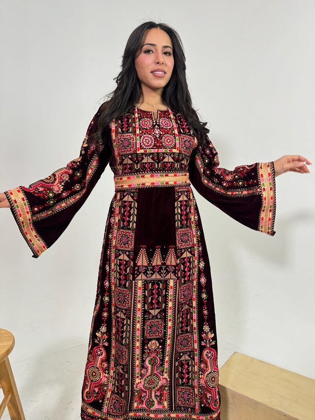 Velvet Palestinian Thobe with Heavy Tatreez Embroidery